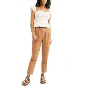 We The Free People Faded Love Pleated Pants Brown Women's 31 Linen Blend B14.2